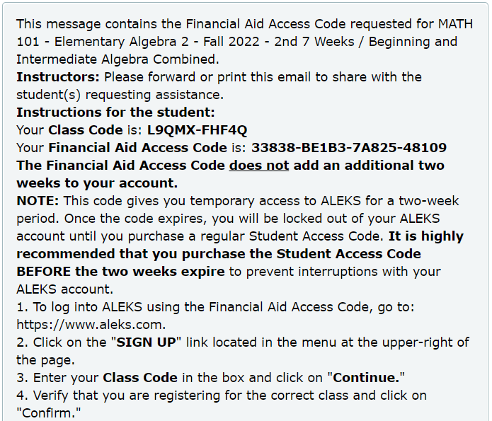 ALEKS - Financial Aid Access Code 1